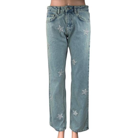 Nasty Gal Women's Blue Embellished Star Print Straight High Rise Denim Jeans 4 - Picture 1 of 7